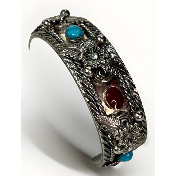 Vintage Navajo Mixed Metal Cuff Bracelet Turquoise Coral Inlay 46.3g HEAVY- 8.5” - Picture 2 of 12